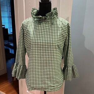 Elegant Green Checkered Ruffle Sleeve Blouse
